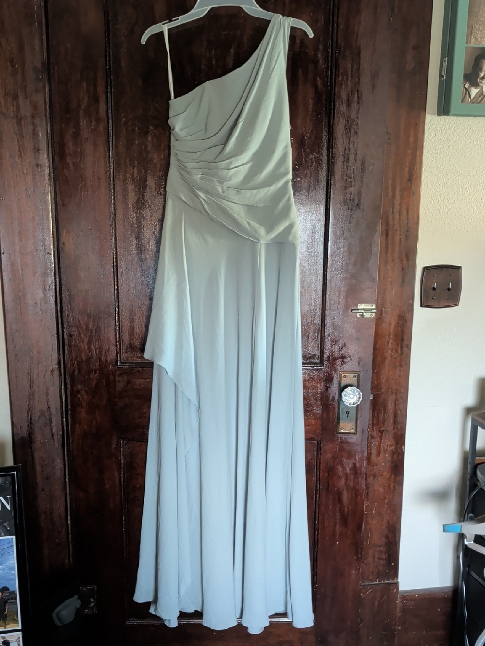 David's Bridal One-Shoulder Sage Bridesmaid Gown